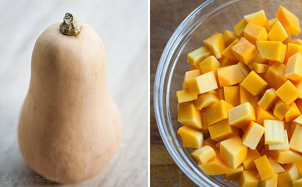 A split image with a whole butternut squash on the left and a bowl of chopped up butternut squash to the right