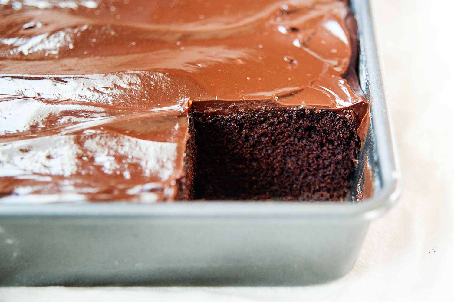 Chocolate Sour Cream Cake Recipe with piece missing