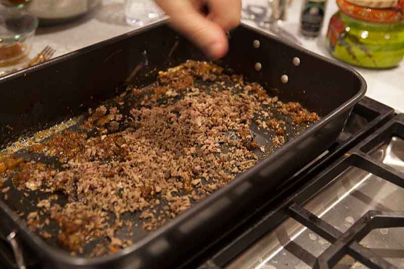 A giblet scrapings mixture in a baking dish