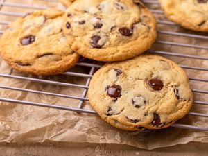 Chocolate chip cookies on a cooling rack