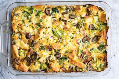 Overhead shot of the finished breakfast casserole in a 9x13 baking dish