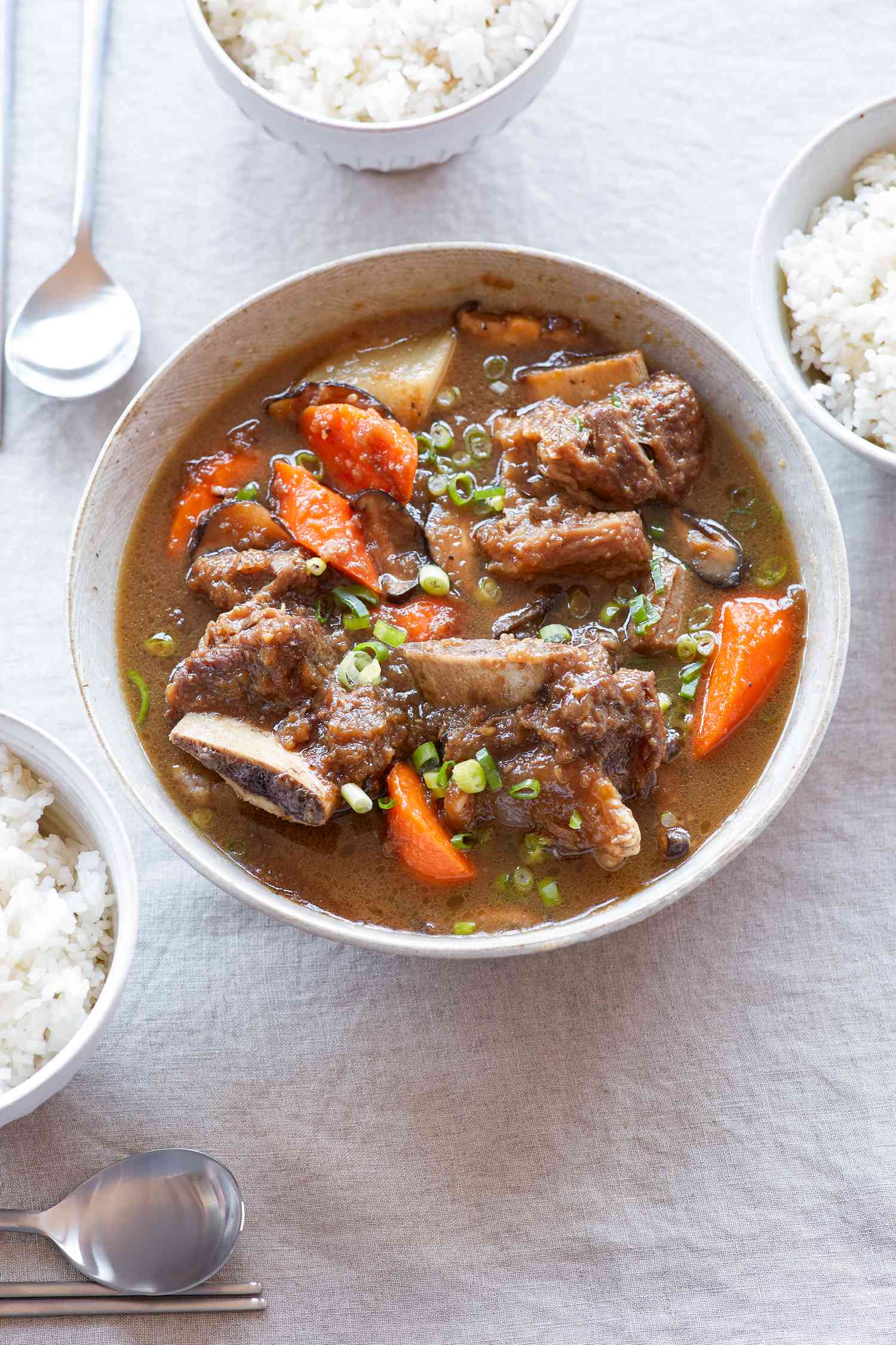 Overhead view of a bowl of sweet and savory Korean braised short ribs