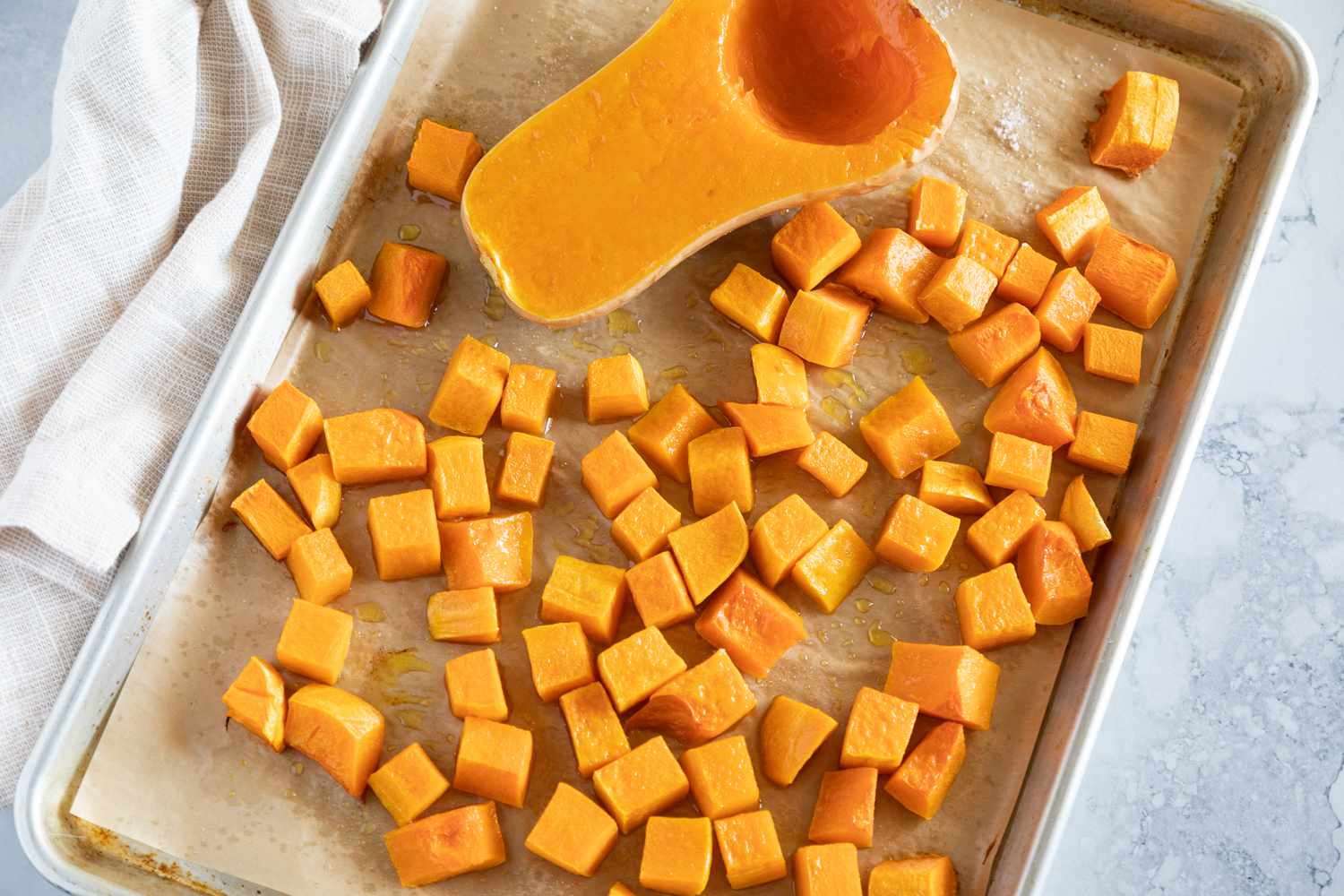 Half and cubes of butternut squash