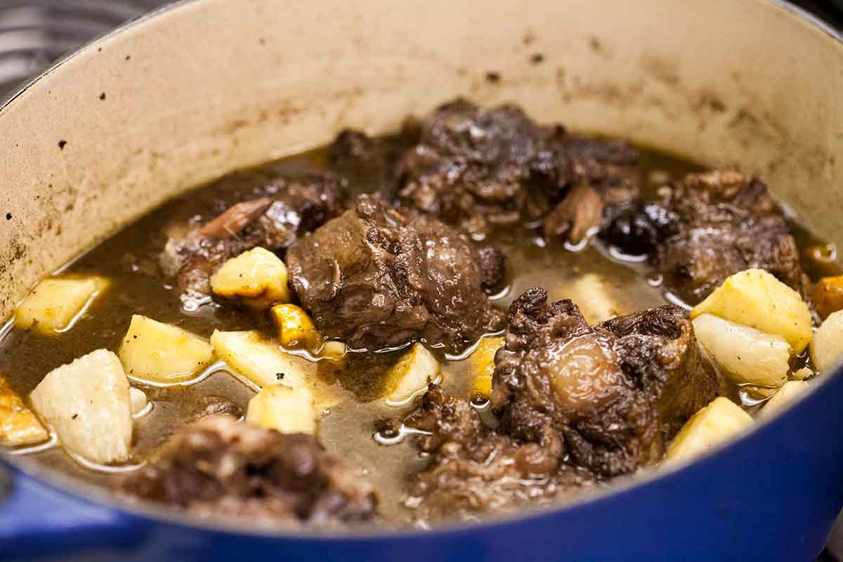 Vegetables cooking with oxtail in a pot
