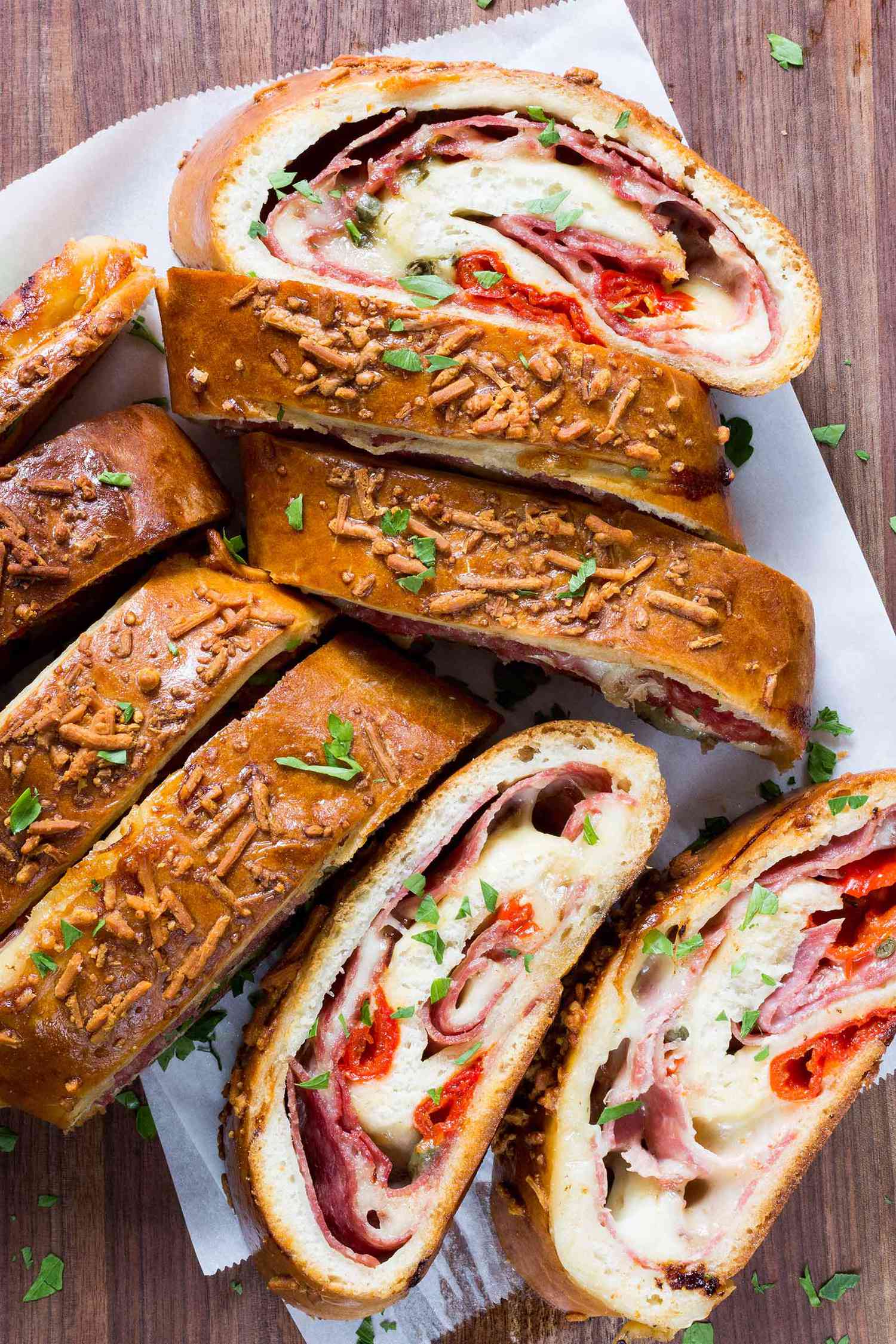 Slices of stromboli on a cutting board