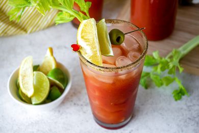 Homemade Bloody Mary mix served in a tall glass.