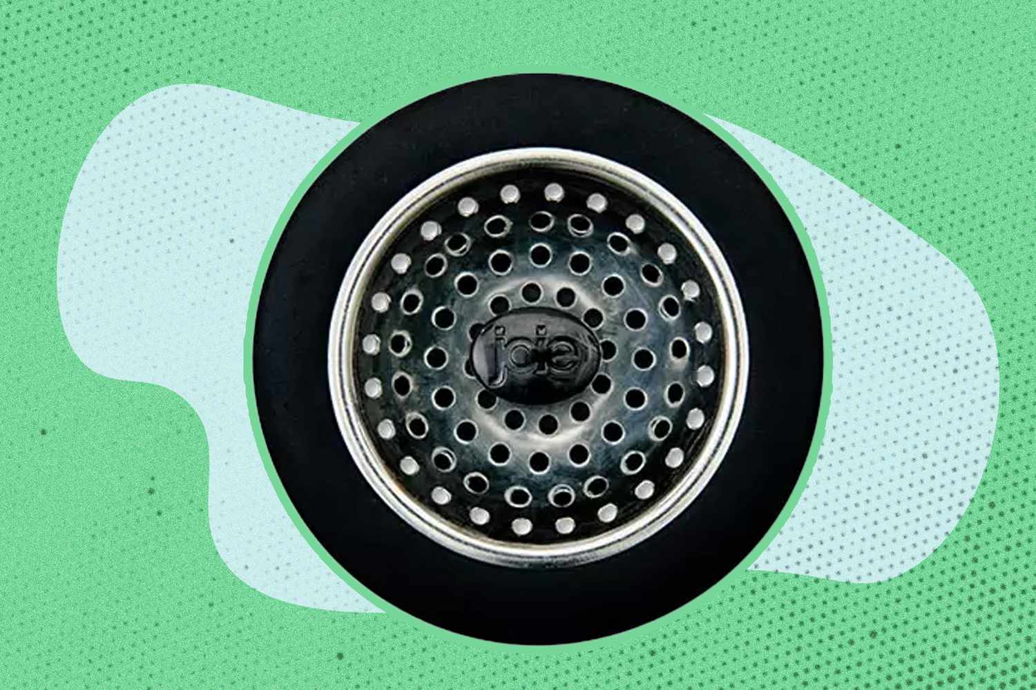 An ALDI sink strainer on a illustrated green and light blue background