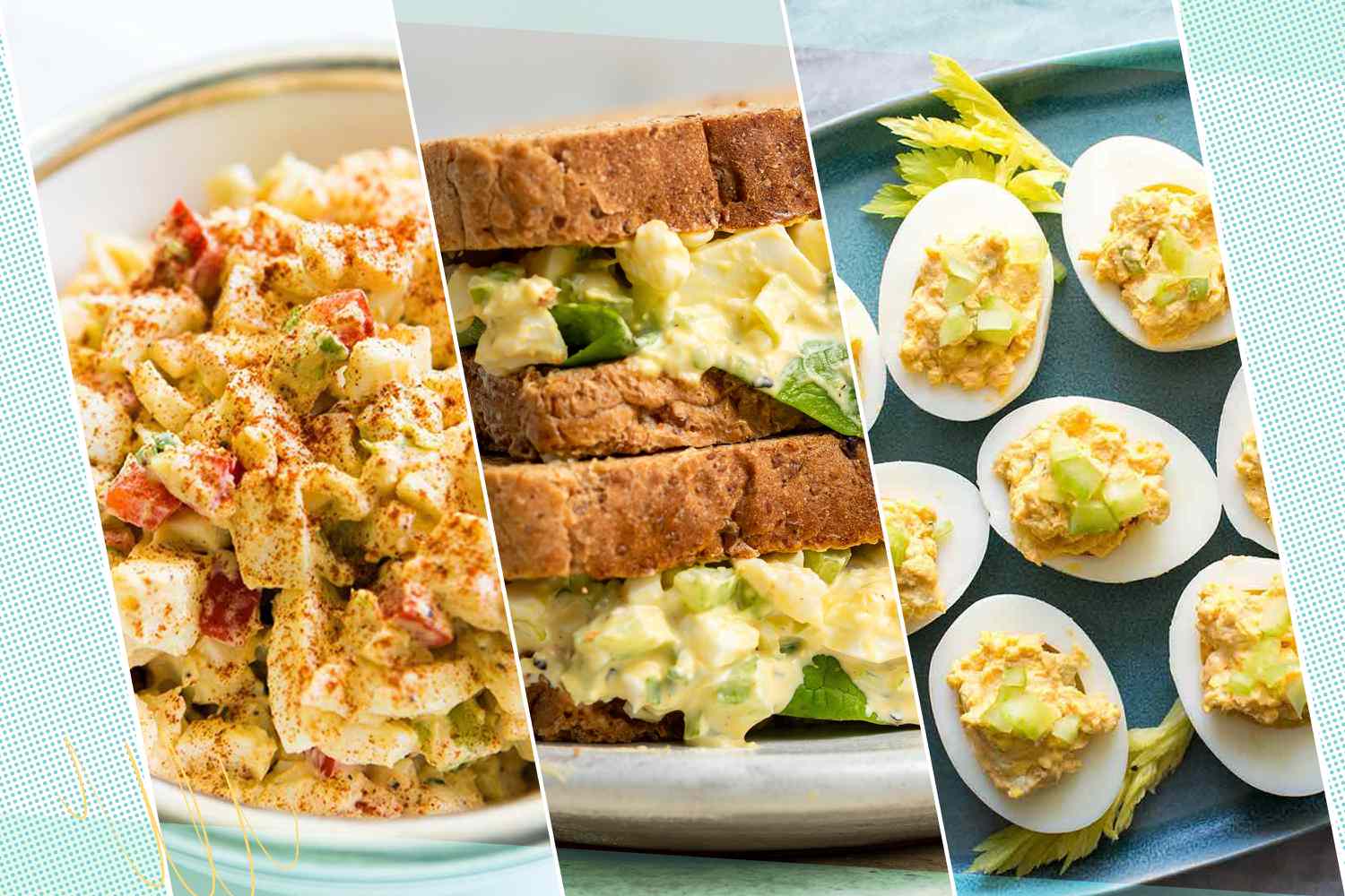 Three recipes made with hard boiled eggs: deviled egg salad, egg sandwiches, and buffalo deviled eggs