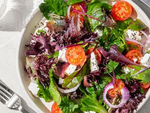 Plate of fresh vegetable salad with mixed greens, cherry tomatoes, feta cheese, and sliced red onions