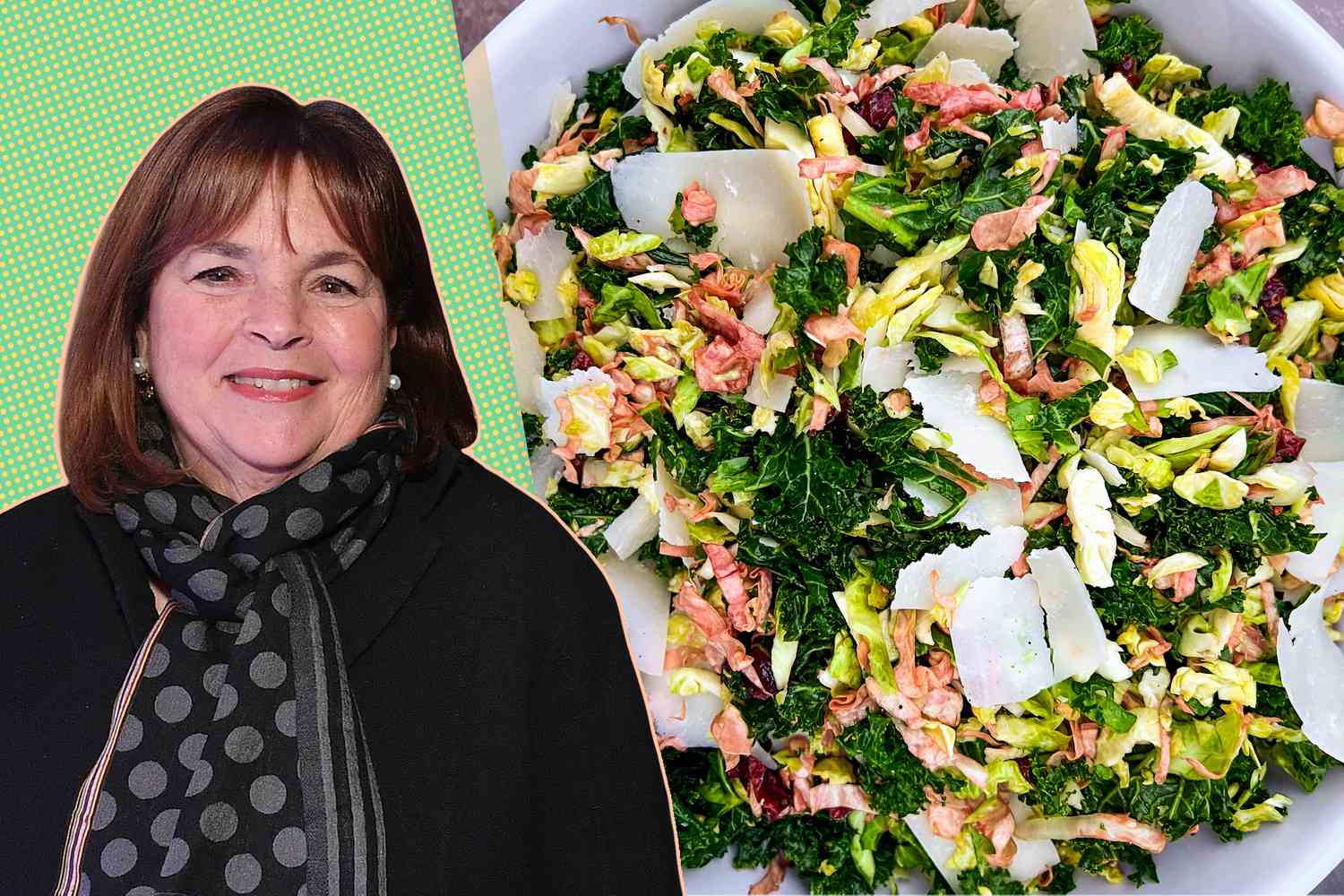 A split image of Ina Garten and her winter salad recipe