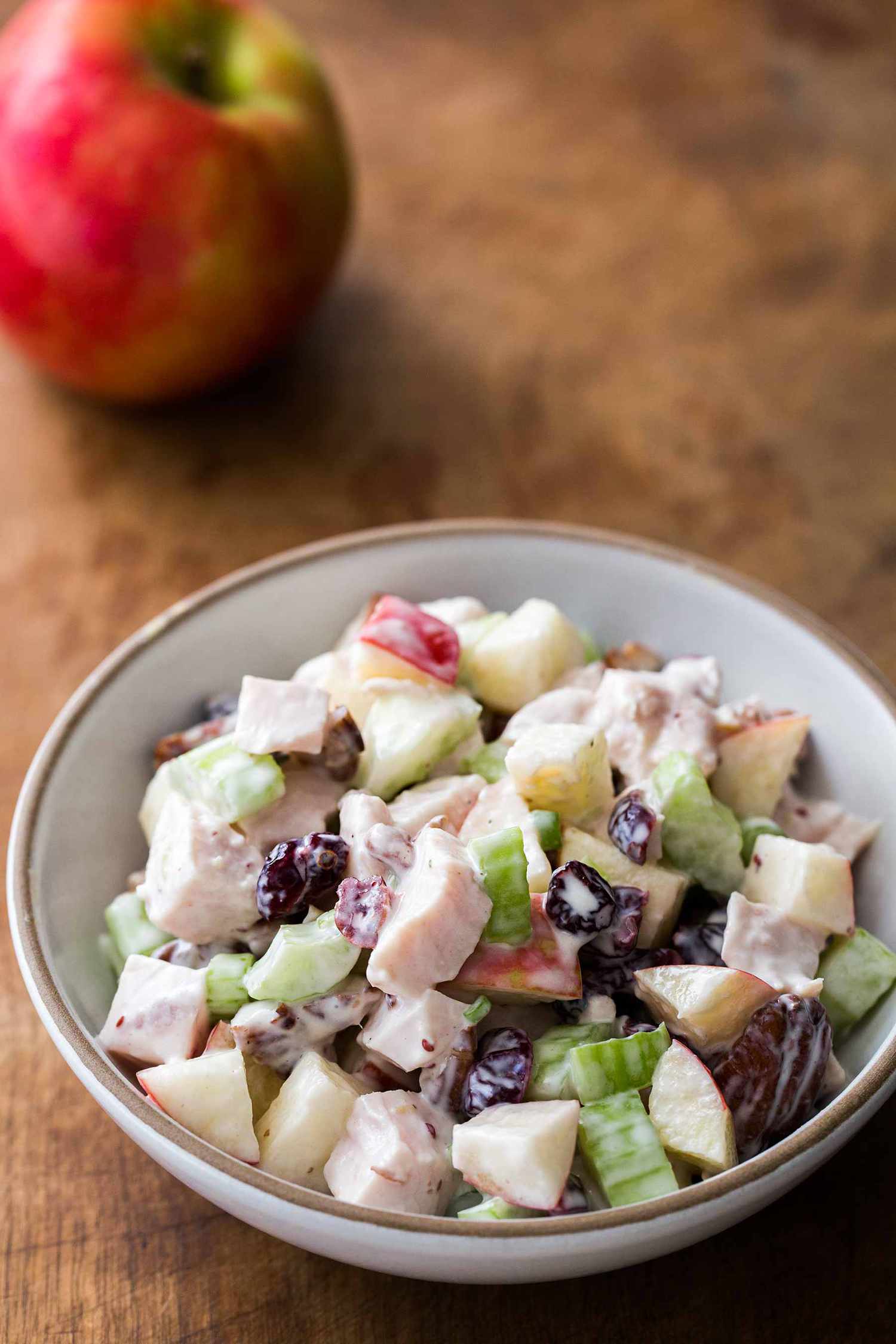 A bowl of turkey waldorf salad ready to serve and eat