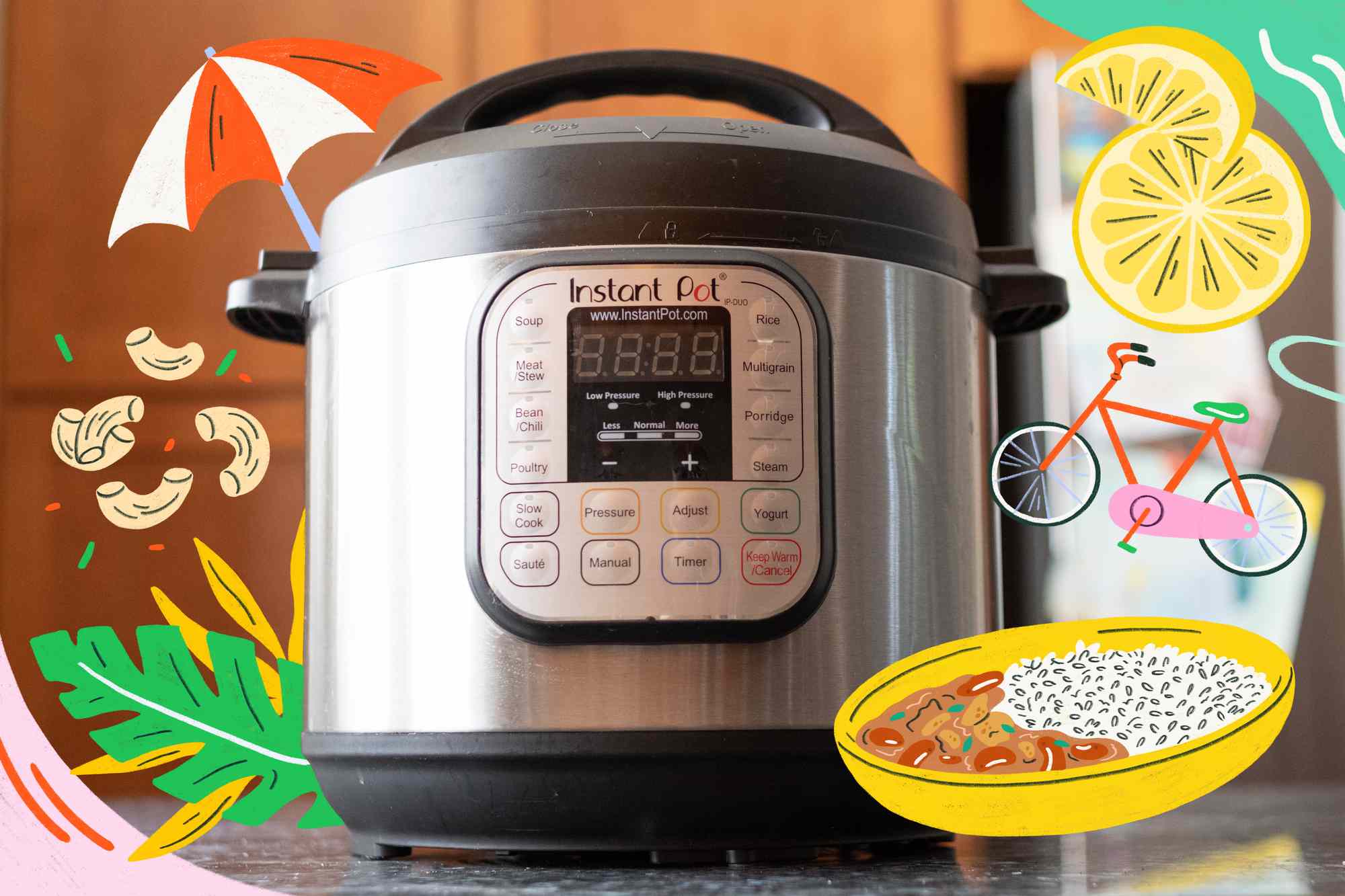 Instant pot with summery images around it.