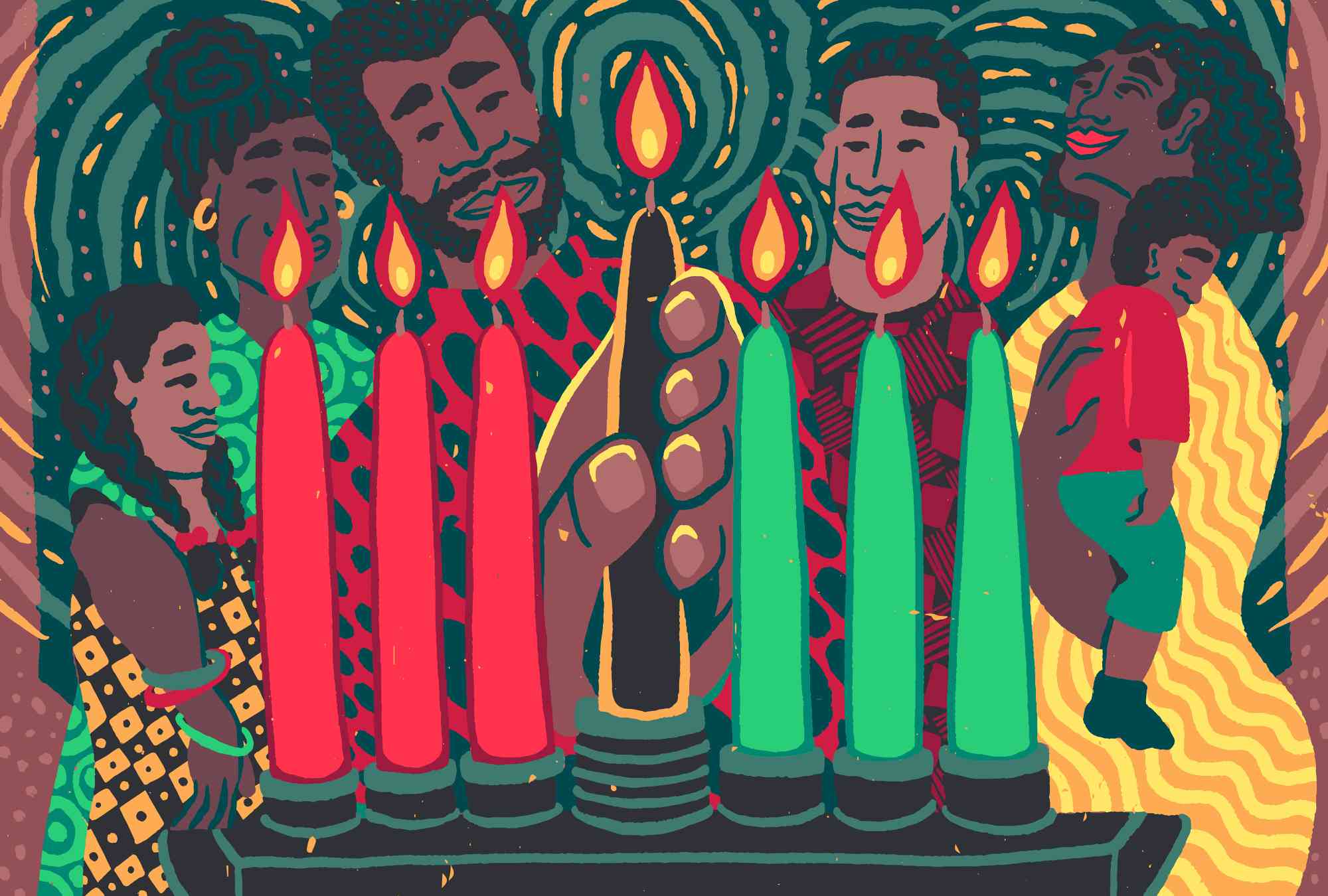 Six Black family members gathered around the kinara—a 7-branched candlestick—as the last, central candle is placed in it