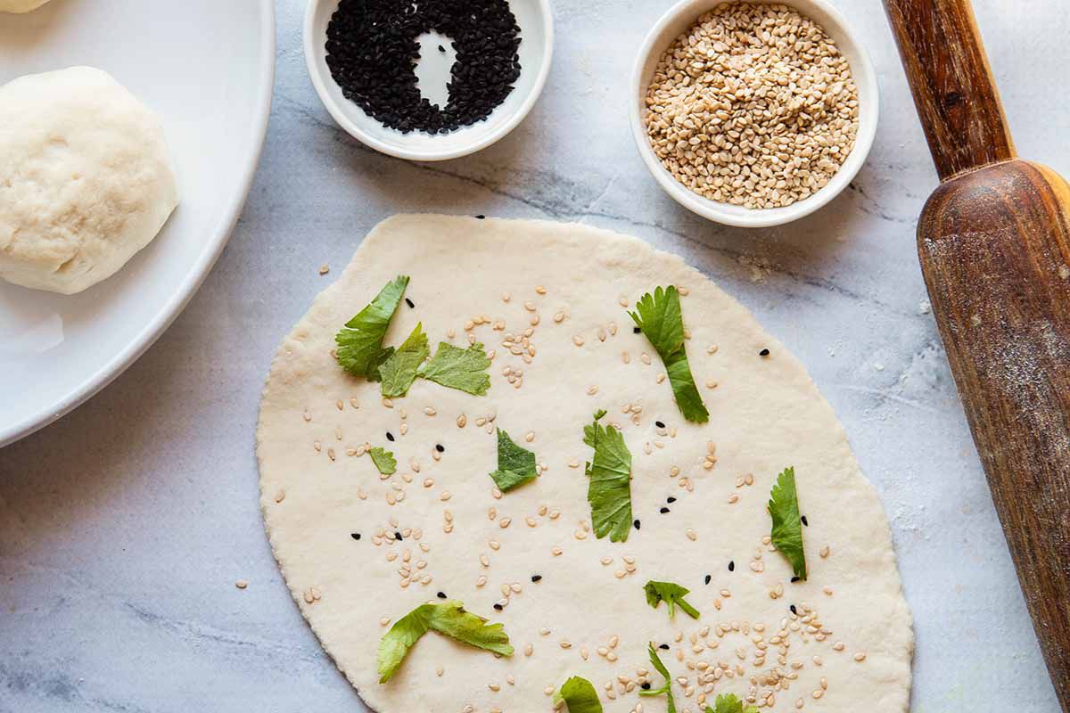 Flatbread Recipe - raw dough sprinkled with herbs