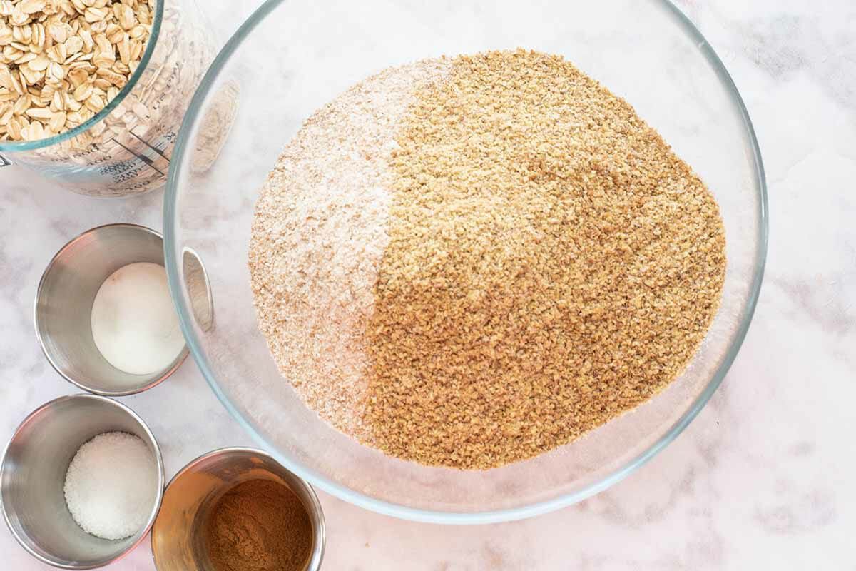 Breakfast Cookies with Almond Butter mix the dry ingredients