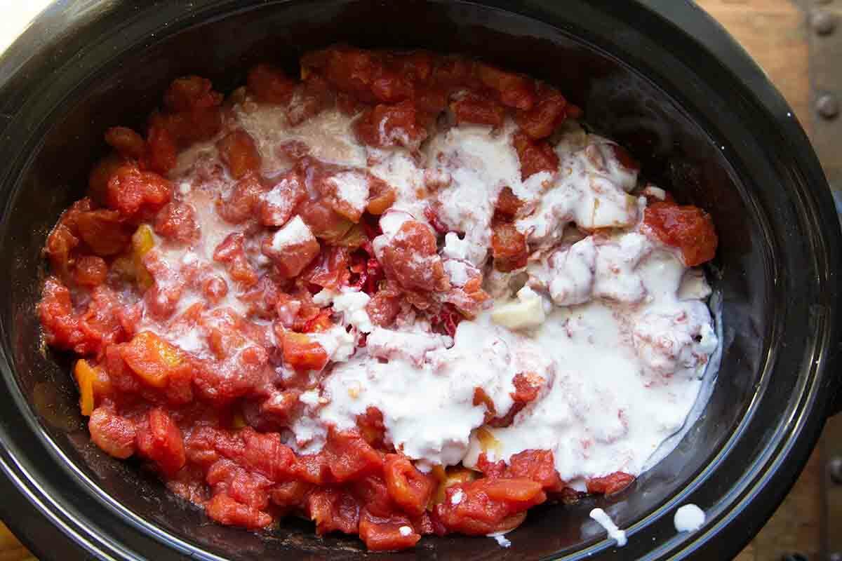 tomatoes and coconut milk in the slow cooker for chickpea curry