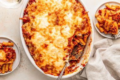 Casserole dish of cheesy baked ziti