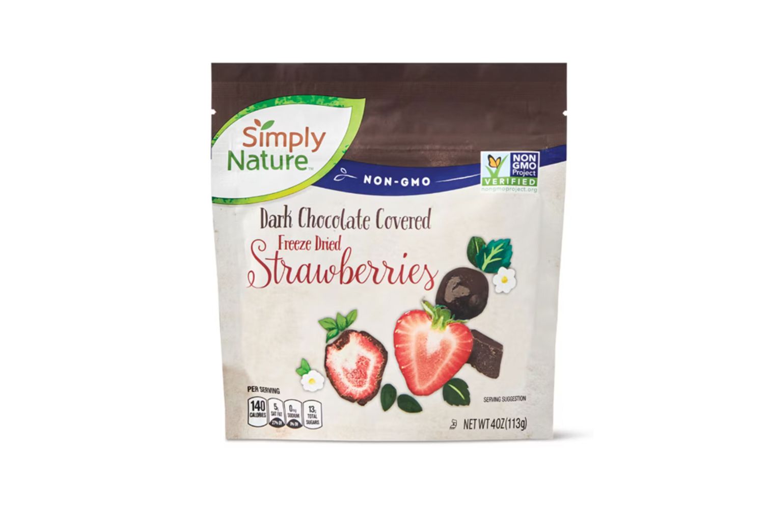 Simply Nature dark chocolate covered freeze-dried strawberries packaging