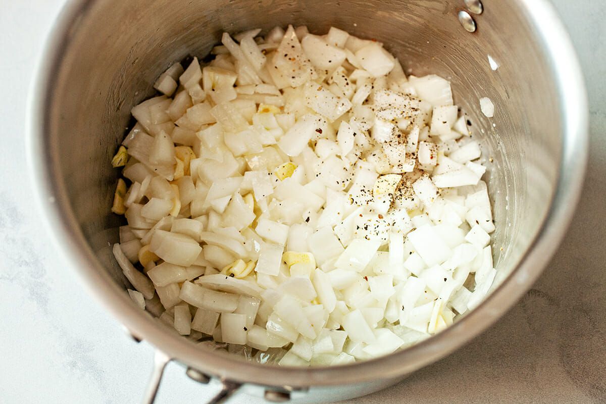Chopped onions in a pot