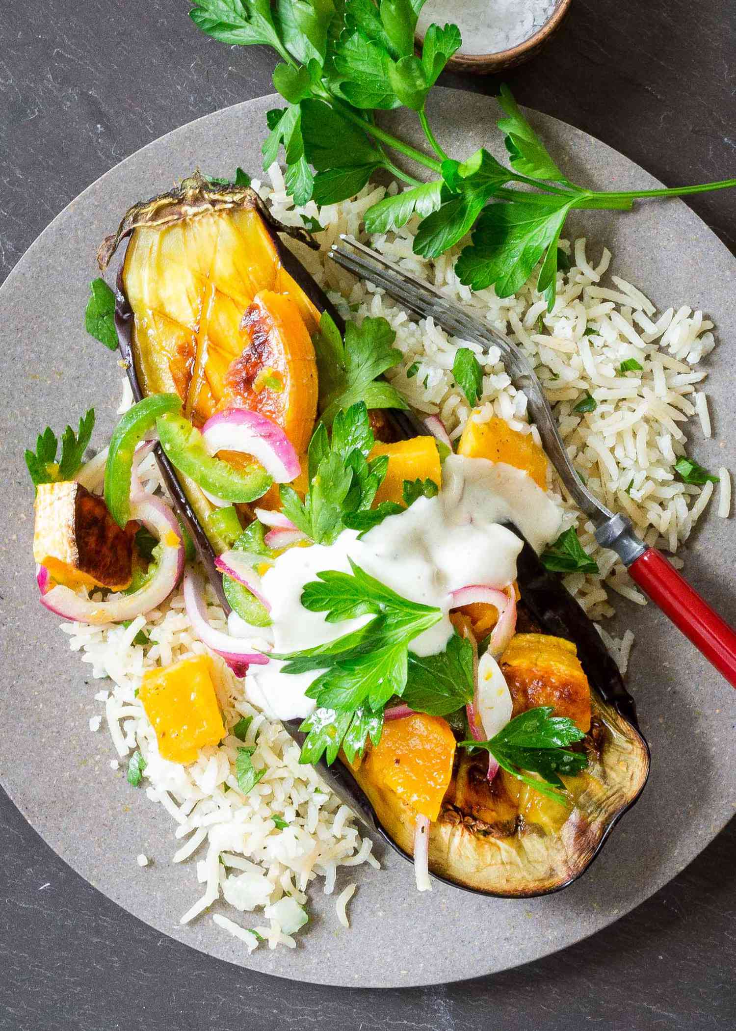 Roasted Eggplant and Squash with Tahini-Yogurt Sauce