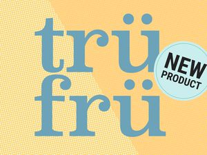 Text 'Trü Frü' with a bubble saying 'New Product' on a patterned background