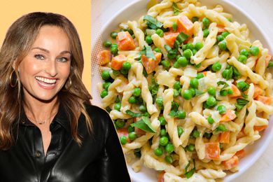 A split image of Giada De Laurentiis and a plate of her spring pasta recipe