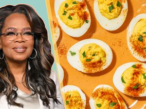 A picture of Oprah Winfrey and a platter of deviled eggs 