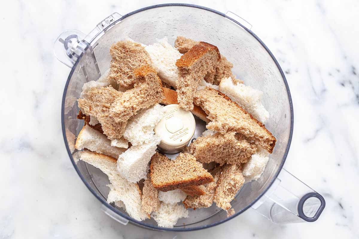 Easy Breadcrumb Recipe - torn bread in food processor