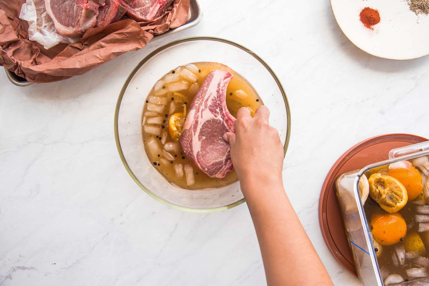 Soak Pork Chops in Bowl of Brine