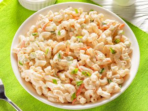 Macaroni Salad in a white bowl