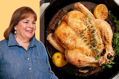Photo of Ina Garten next to an overhead photo of a whole roasted chicken with lemons and spices in a cast iron skillet