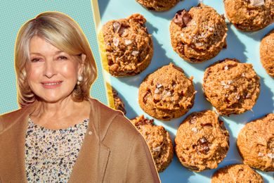 Martha Stewart next to a bunch of raw cookie dough. 
