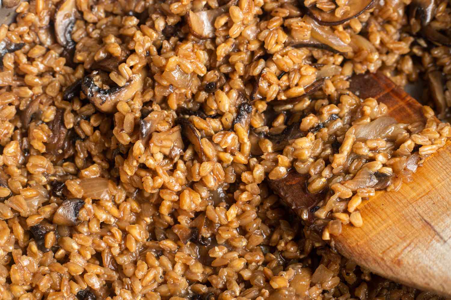Cooked Farro and Mushroom for Farro Bowls