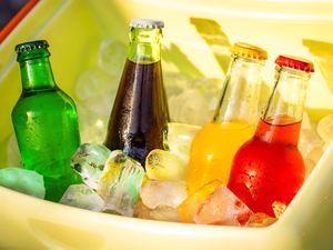 A cooler filled with ice and four beverage glass bottles