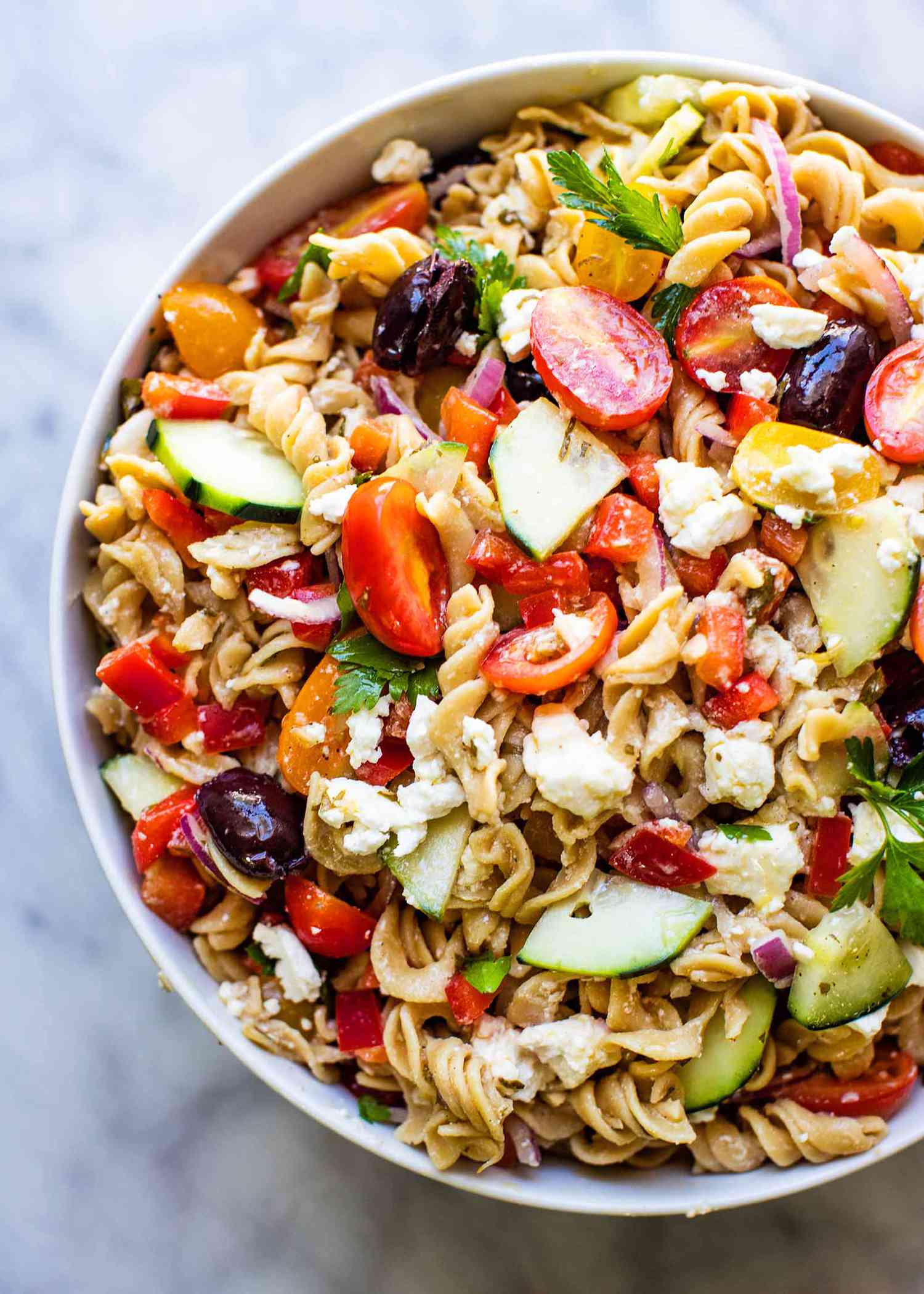Greek Pasta Salad in a white bowl