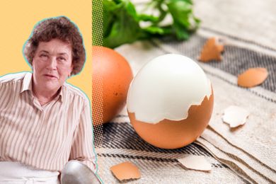 collage of Julia Childs and a boiled egg, half peeled