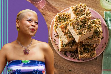 Portrat of Abi Balingit alongside platter of toasted pinipig marshmallow treats
