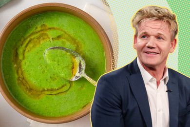 A split image of a bowl with broccoli soup and Gordon Ramsey, with green illustrated background