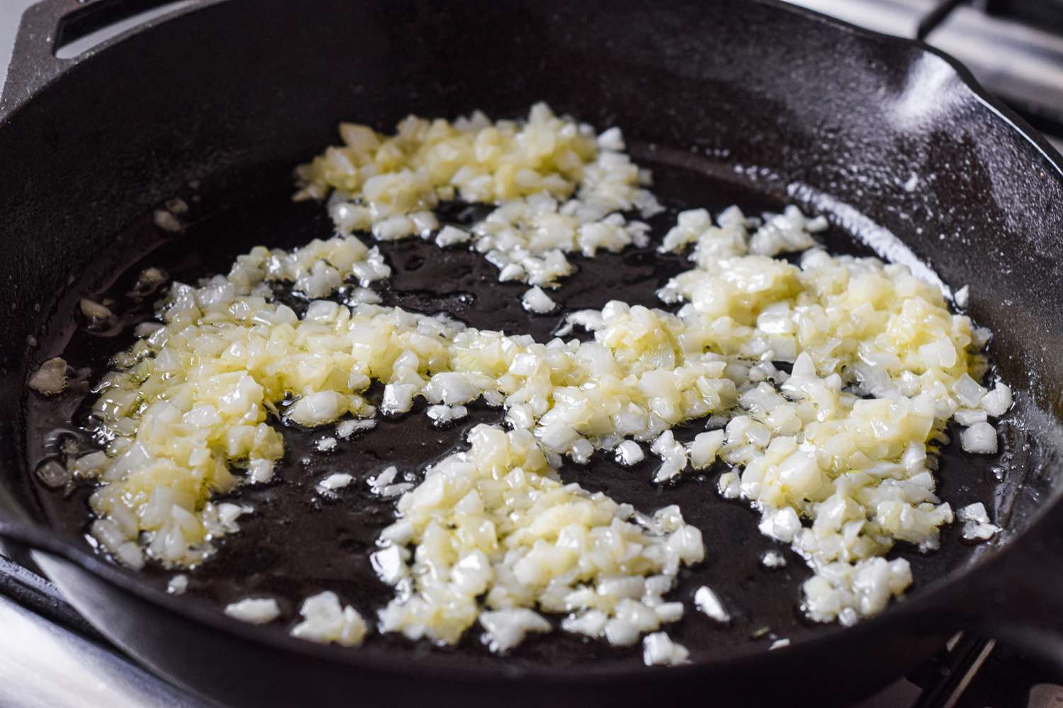 Onions Sautéed in Cast Iron Skillet for Corned Beef Hash