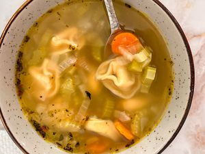 bowl of 30-minute tortellini soup