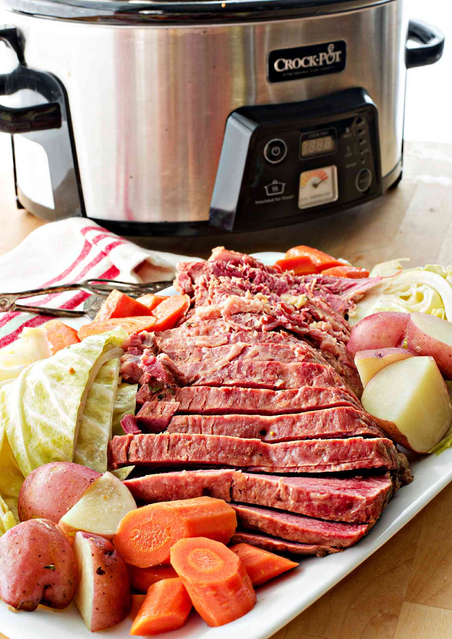 Corned Beef in the Slow Cooker - corned beef and carrots on platter