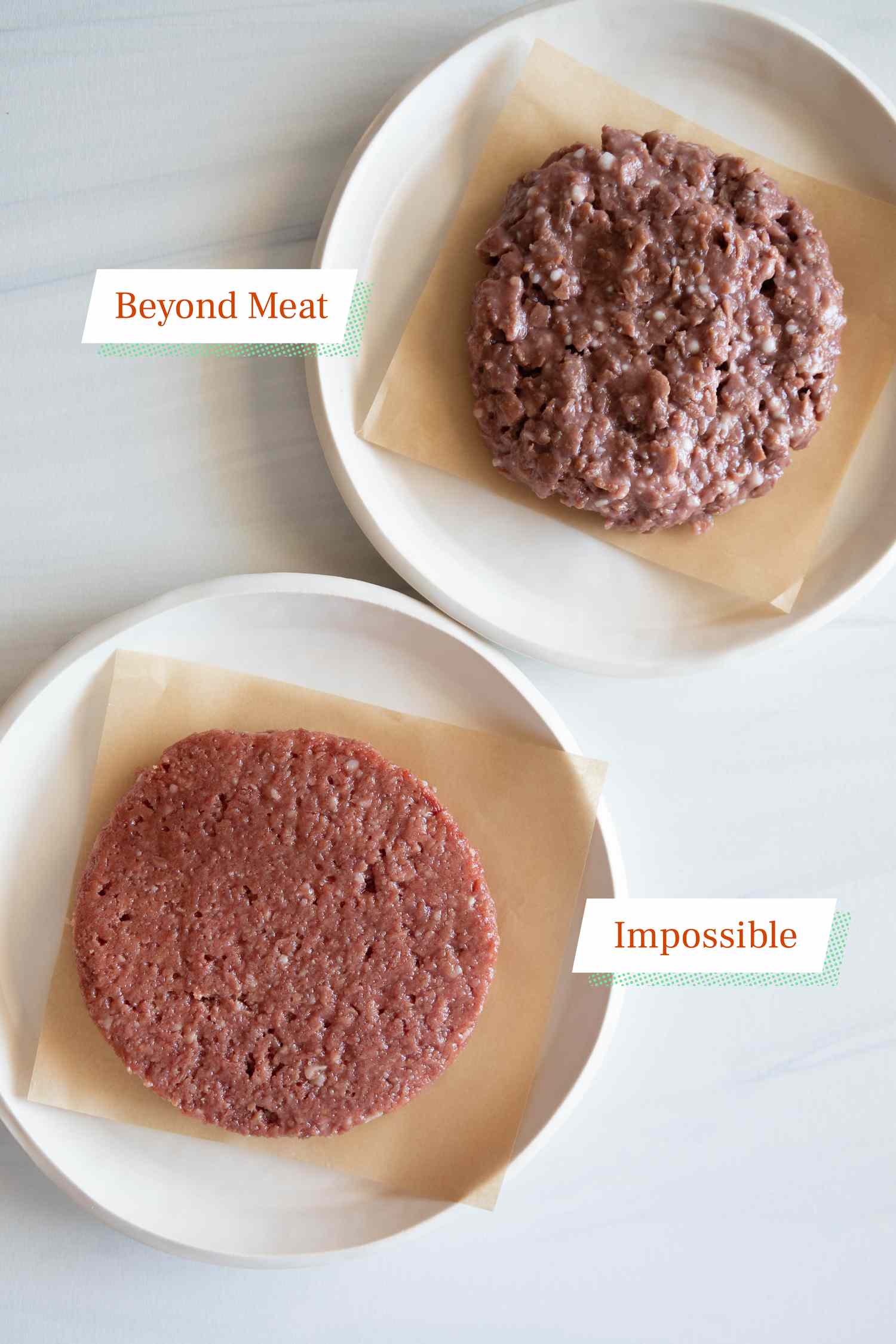 Impossible and Beyond Meat burgers on plate