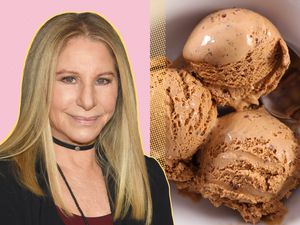 Barbra Streisand depicted alongside scoops of ice cream