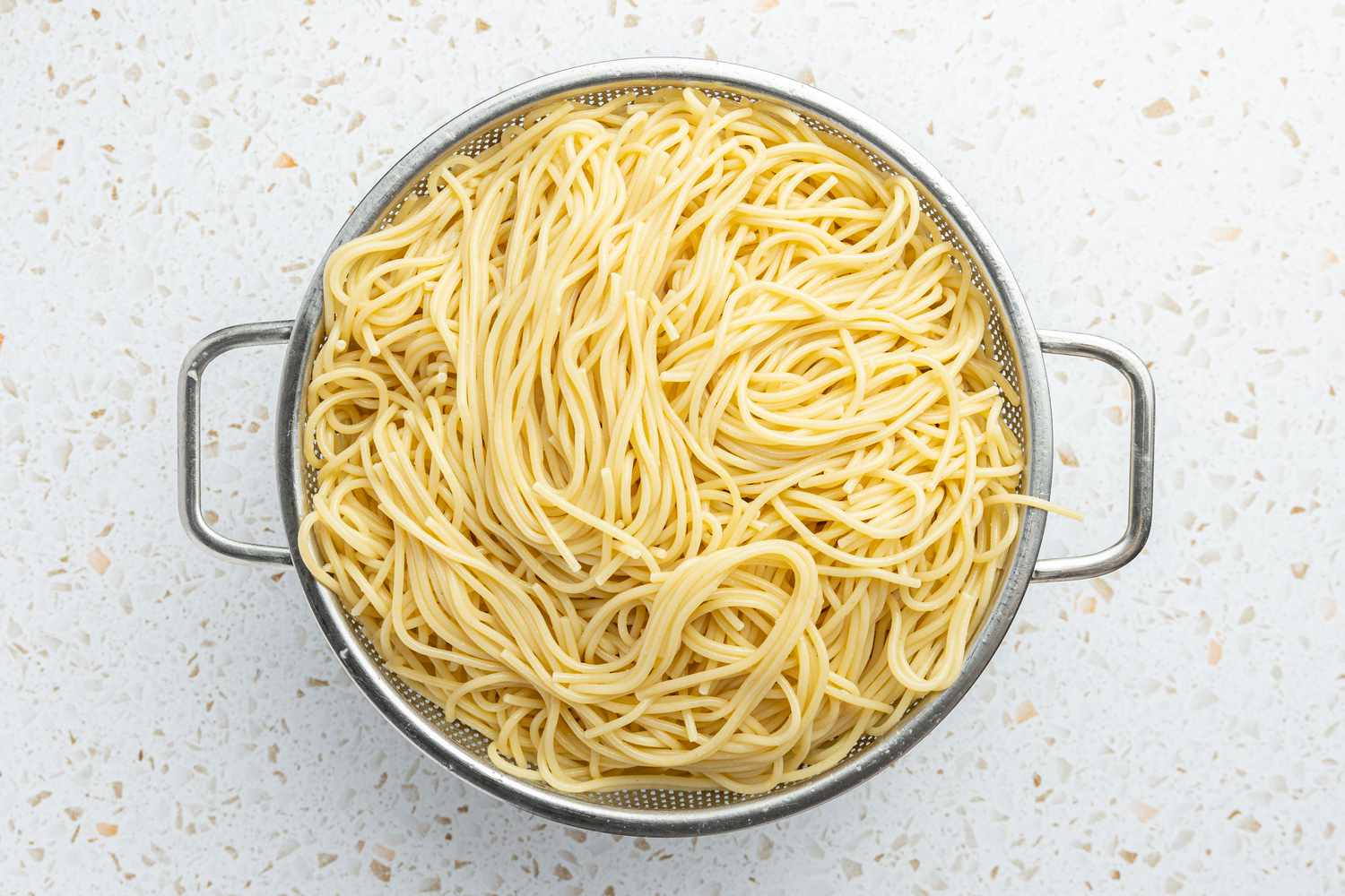 Cooked Spaghetti in a Colander for Spaghetti and Meatballs