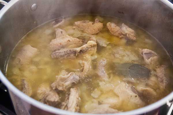 Chicken pieces, onions, and water boiling in a stock pot