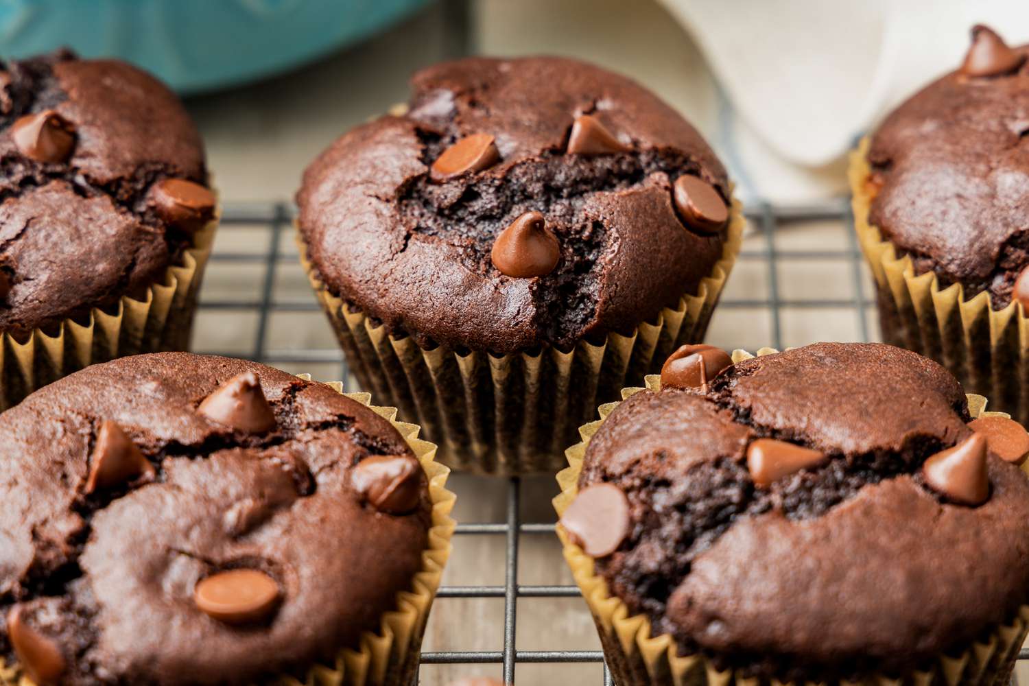 Double chocolate muffins on a cooling rack