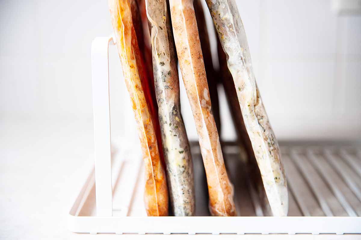 Chicken Freezer Meal -- ziploc bags of frozen chicken standing up