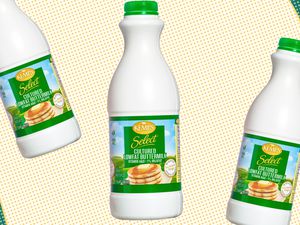 Bottles of Buttermilk Floating Around With Yellow and Green Dotted Illustrations in the Background
