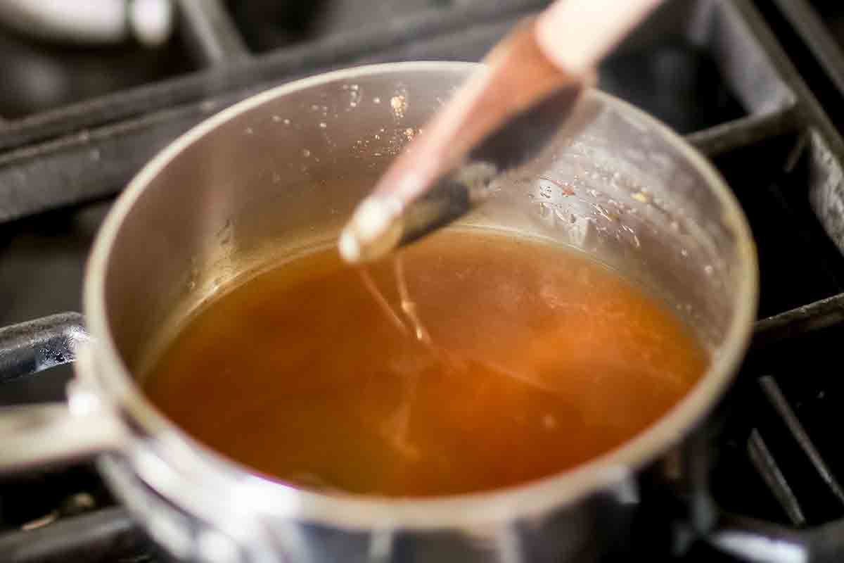 Sugar cooked down until it is golden