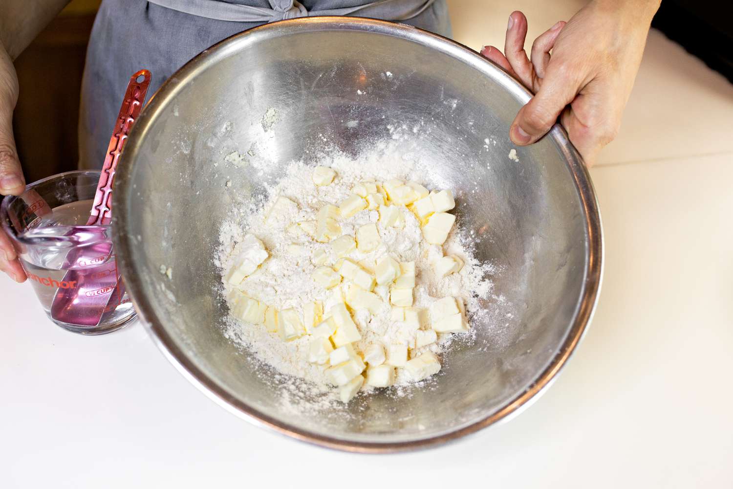 Cubed Butter Method: Cubed Butter Added to Bowl of Dry Ingredients for How to Make Pie Dough by Hand